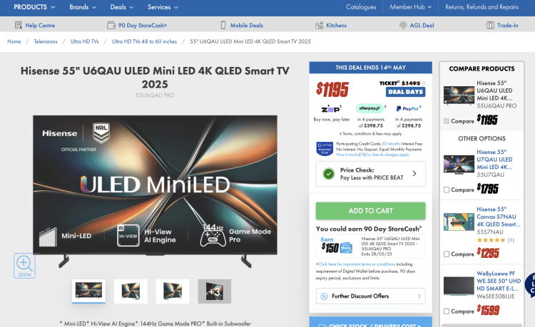 The Good Guys: Hisense 55″ U6QAU ULED Mini LED 4K QLED Smart TV 2025 – $1195